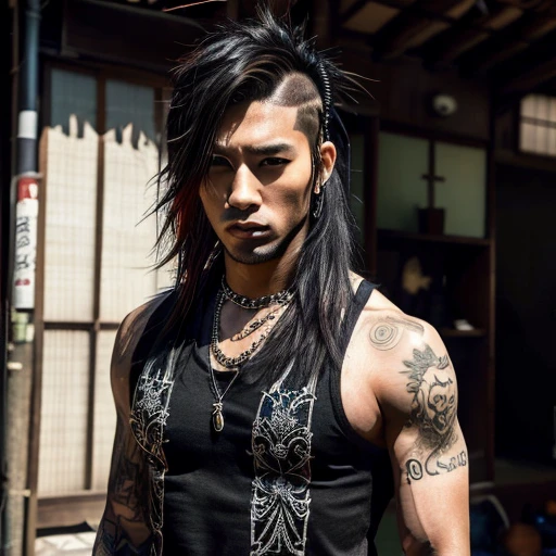 1 man, Japanese man, male, Asian eyes, muscular, broad shoulders, yakuza tattoos, hairstyle Visual Kei style, hair Visual Kei, black men's shirt and black pants, ultra detailed face, hyperrealistic, realistic representation, long hair, long hair, 30 years old, age 30 years, blonde hair