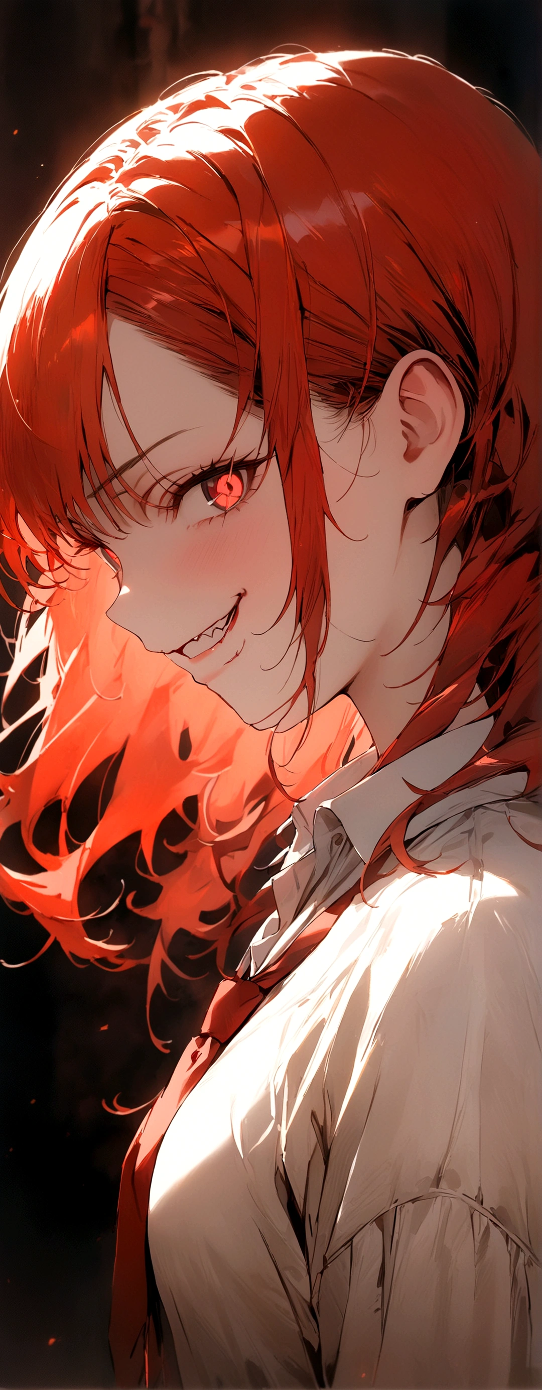 (Masterpiece:1.2, Best Quality), 1 woman, profile, looking towards the viewer, White shirt red tie, medium breasts, Casual, long red hair, minimal makeup, , pale,Natural fabrics, closeup face, ((evil smile)), bright eyes circular pupils,8K high resolution, detailed lines,blurred background,