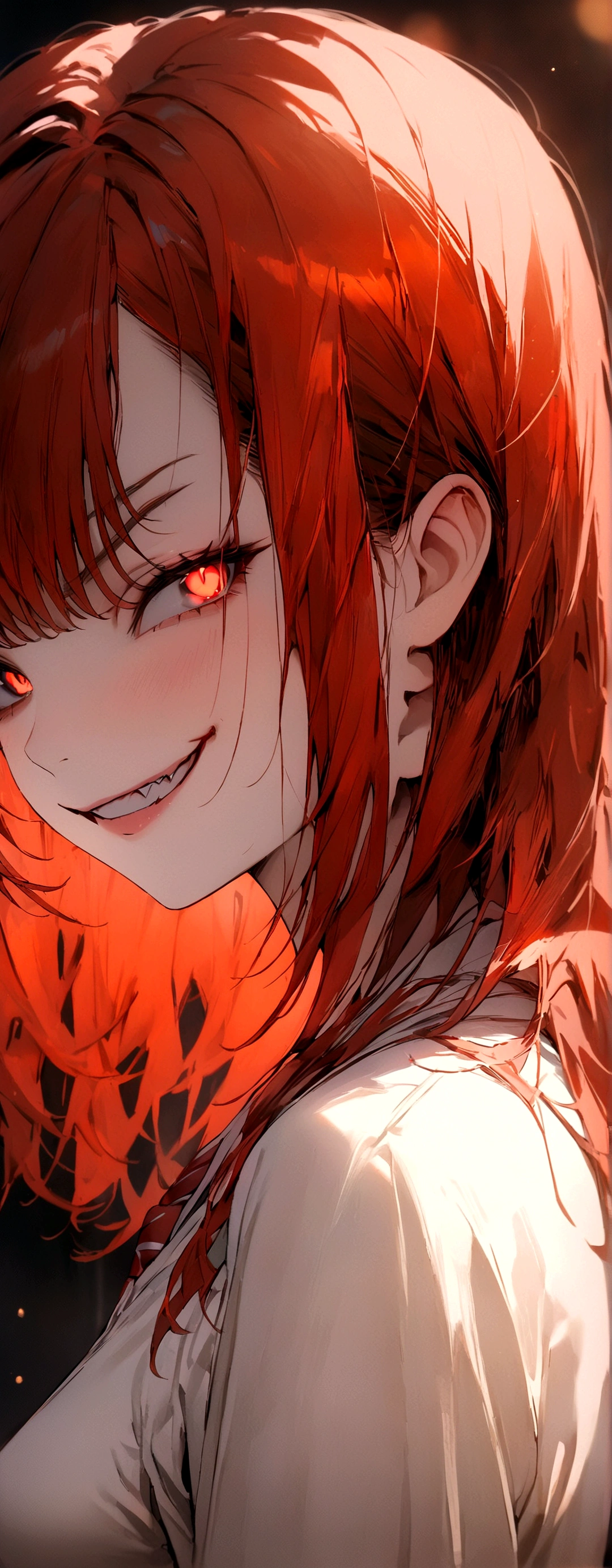 (Masterpiece:1.2, Best Quality), 1 woman, profile, looking towards the viewer, White shirt red tie, medium breasts, Casual, long red hair, minimal makeup, , pale,Natural fabrics, closeup face, ((evil smile)), bright eyes circular pupils,8K high resolution, detailed lines,blurred background,