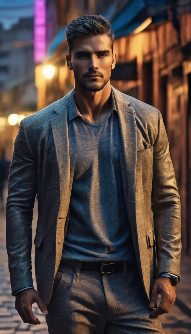 ((a handsome man, male model modern clothing, Full length portrait: 1.5)), (Best Quality, 4k, 8k, high resolution, Masterpiece: 1.2), ultra detailed, (realist, photorealist, photorealist : 1.37), HDR, UHD, studio lighting, ultrafine paint, sharp focus, Physically based representation, Extremely detailed description, professional, vivid colors, bokeh, dramatic lighting, cinematographic composition