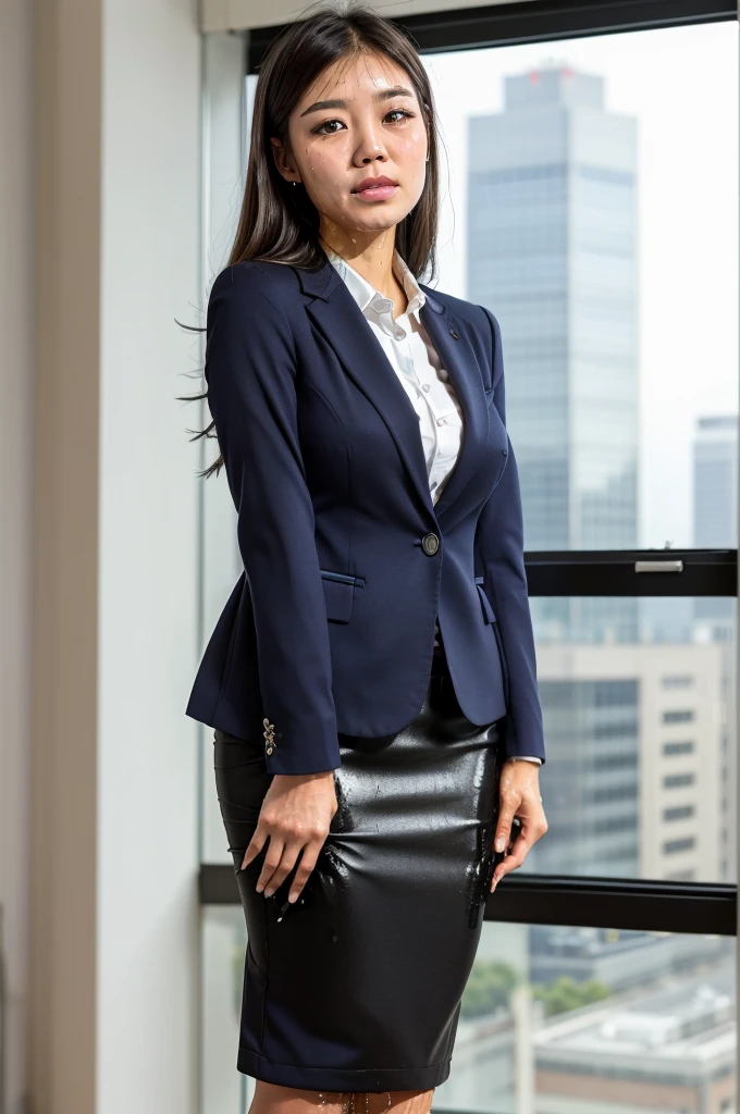 masutepiece,High quality,16k:1.1),(depth of fields:1.3) ,((front body:1.35)),Japanese ,Woman, ((business suit,black pencil skirt)),(Looking at Viewer:1.3),,(Beautiful Morning view of town:1.2), (blue jaket) (wetting herself:1.5),