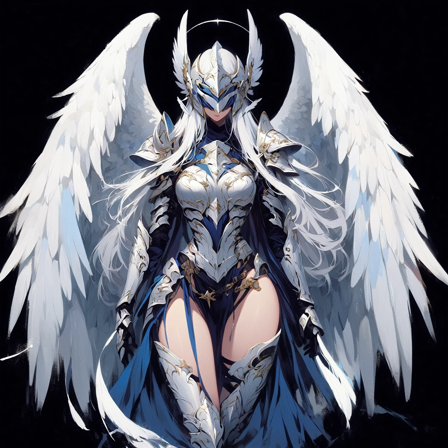 1girl angel with winged helmet covering her eyes angel_wings armor feathers_Long wing feathers_Hair Shoulder Armor Shoulder_Armor single piece_Upper wing separation_The body is white_Theme blue_Wings Wings