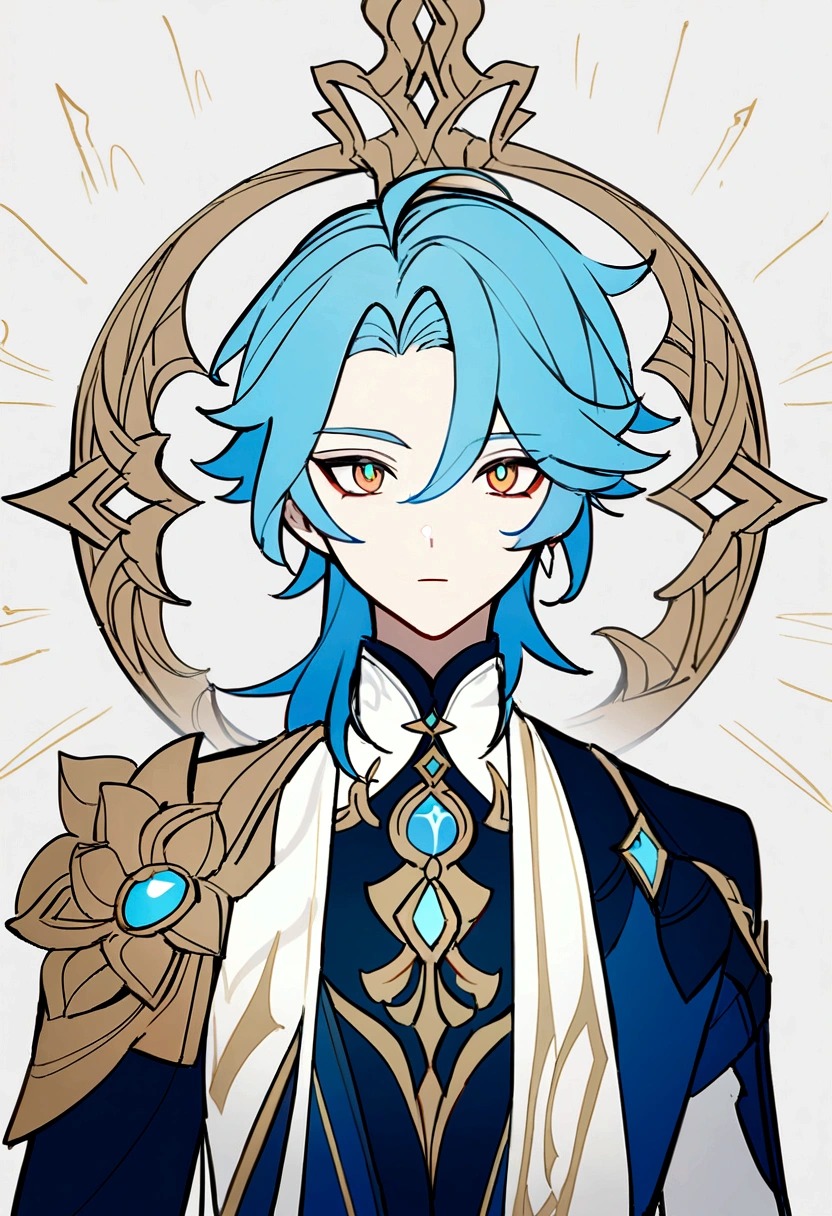 Genshin Impact Style,Draw one to wear，Delicate eyes，Blue Hair，A boy with clear hair lines