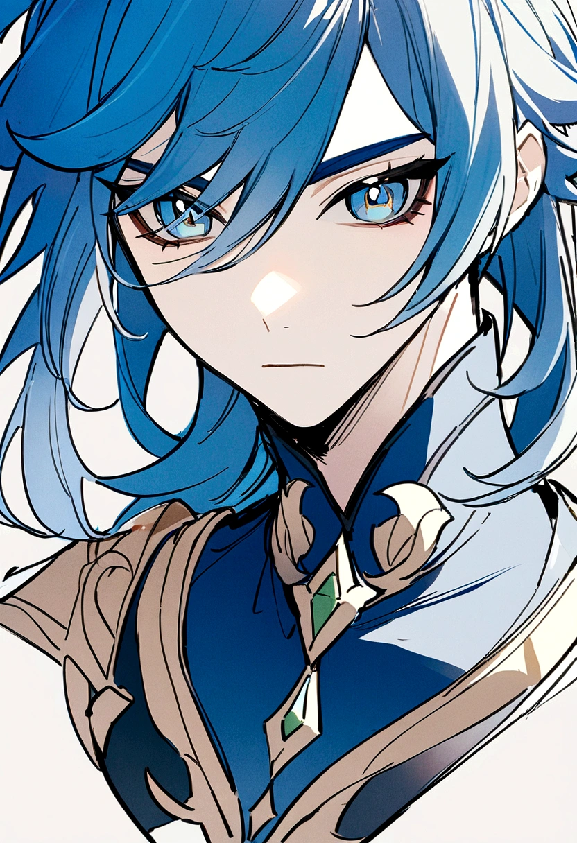 Genshin Impact Style,Draw one to wear,Delicate eyes,Blue Hair,A boy with clear hair lines