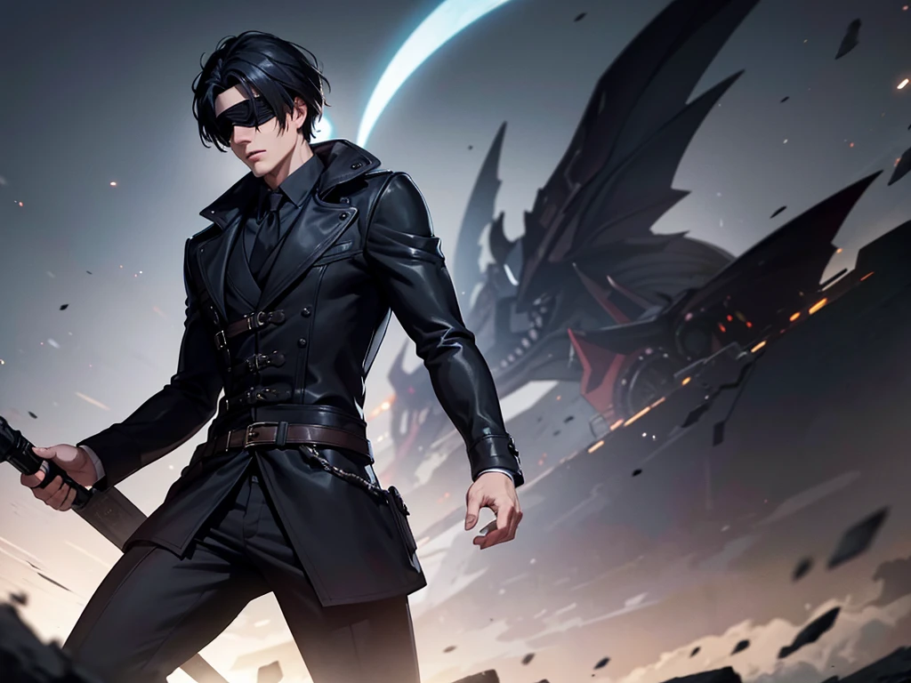 a man wearing a coat covering his body, black hair, blindfold, highly detailed, realistic, cinematic lighting, dynamic pose, cinematic composition, epic, dramatic