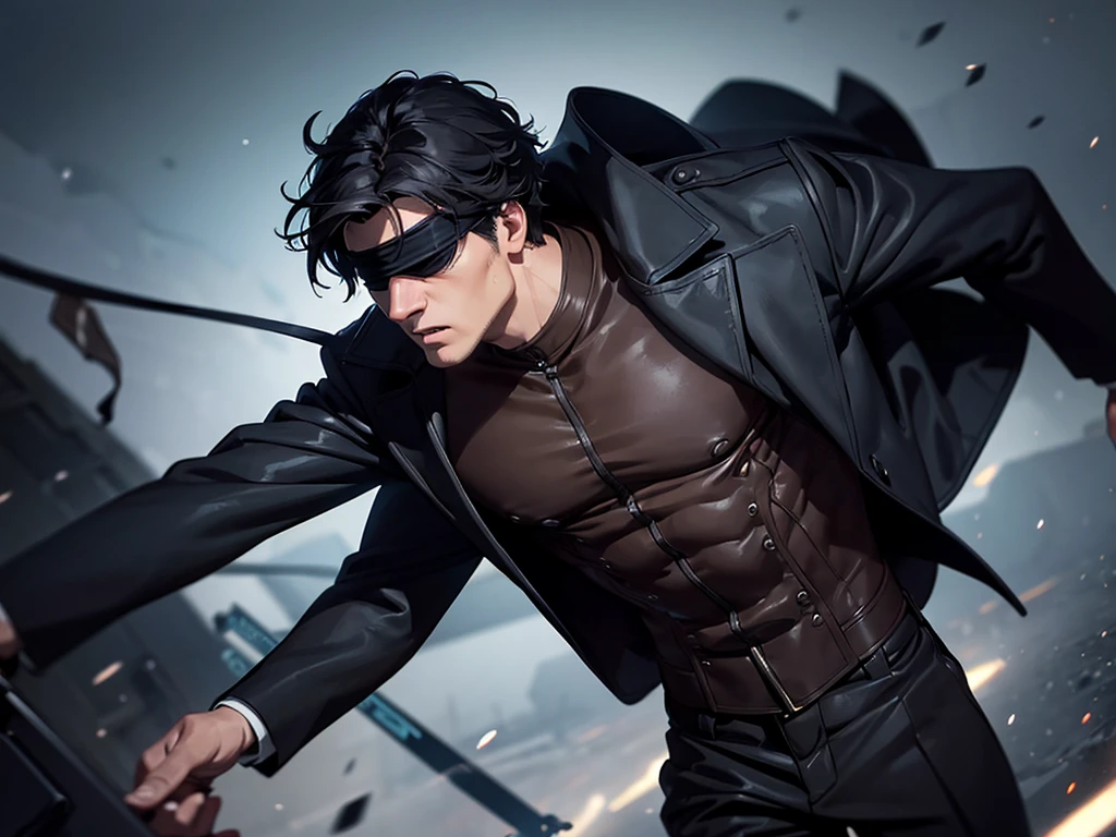 a man wearing a coat covering his body, black hair, blindfold, highly detailed, realistic, cinematic lighting, dynamic pose, cinematic composition, epic, dramatic