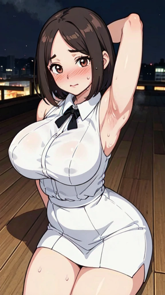 ((Tabletop, Highest quality, High resolution, Pixel Perfect, 4K, Browsing Caution)))、1 Girl, Beautiful woman、((Short Hair、Forehead、Split bangs、Brown Hair)), ((Brown eyes、Beautiful eyelashes, Realistic eyes)), ((Detailed face, blush:1.2)), ((Smooth texture:0.75, Realistic texture:0.65, Realistic:1.1, Anime CG Style))、((Huge breasts、Thick thighs)), Perfect body、Office room at night、Lying on the floor、((((:or、blush))))、((Sweat、Steam from armpits))、(Place your hands behind your head、Underarm)、((White Sleeveless Dress Shirt、Black Pencil Skirt))