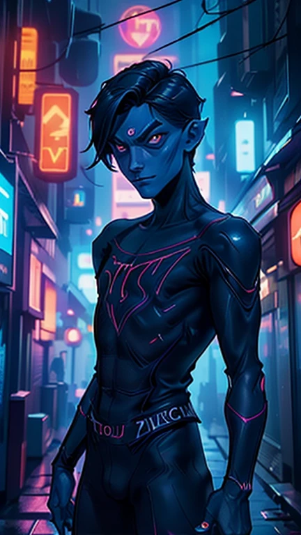 best quality,masterpiece,1boy,solo,(((13years old))),japanese boy,an extremely cute and handsome boy,highly detailed beautiful face and eyes,petit,cute face,lovely face,baby face,shy smile,show teeth,blue skin,blue hair,short hair,flat chest,skinny,slender,(((wearing Nightcrawler costume))),(((standing in Dark Midnight Neon Glow light Cyberpunk metropolis city))),he is looking at the viewer,