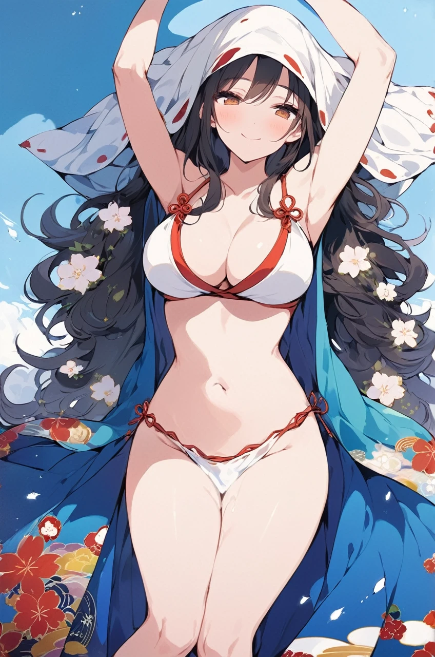 (score_9,score_8_up,score_7_up,score_6_up),masterpiece,best quality, source anime, rating_explicit, (((masterpiece))), (((best quality))), ((ultra-detailed)), ((illustration)), (1girl), (beautiful Japanese woman), (long black hair), (brown eyes), (simple background), (wearing traditional kimono), (detailed face), (perfect anatomy), (detailed light and shadow), (lighting forward), (serene expression), (minimalist style),(cleavage:1.2),((shy smile:1.1), (eyeshadow:0.8), digital coloring, wide shot, censored
