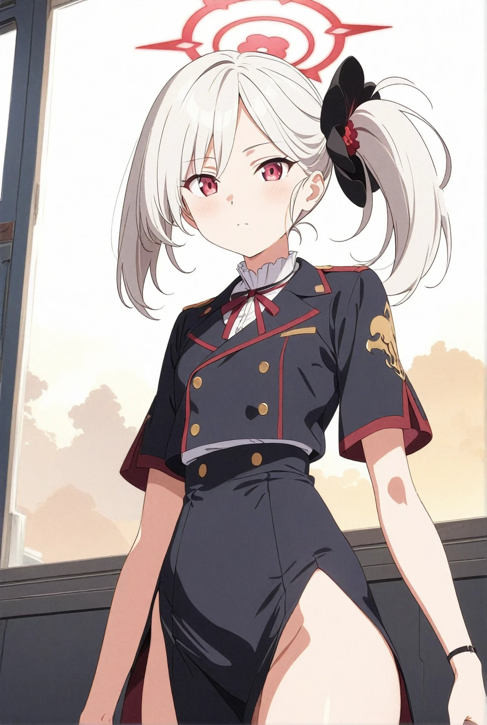 (masterpiece), (best quality), (ultra-detailed), very aesthetic, illustration, perfect composition, intricate details, absurdres, detailed face, (intricate),1girl, (1girl, mutsuki, blue archive, solo, red eyes, white hair, side ponytail), nipple,perfect face, 4k, extremely detailed anime illustration,, enhanced details,cowboy shot,perfect anatomy,smooth skin, (game center background), cristal clear eyes, beautiful face,(anime style:1.5), (highres),(anime style:1.9), (Warm Light:1.5), (highres:2),