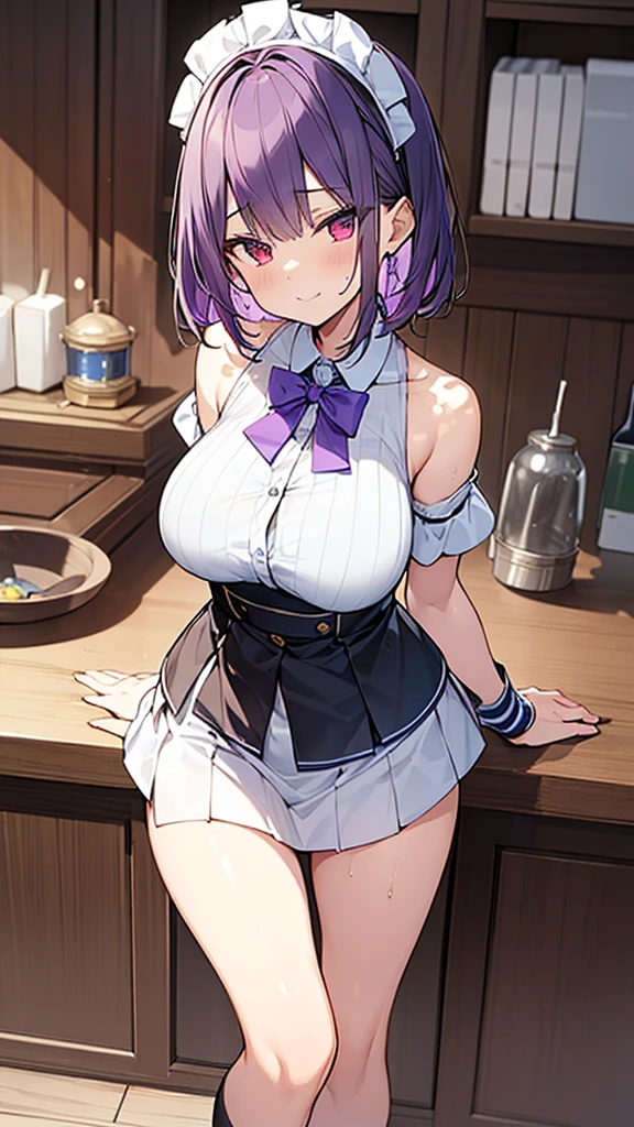 最high quality, high quality, Super detailed, 32k, Ultra-detailed details, waitress(only, Standing, pretty girl, beautiful purple hair, short hair, Beautiful RED eyes, mature, Big Breasts, A light smile, Off-the-shoulder sleeveless Summer メイド服, Summer casual maid clothes, Short skirt, Blue and white color striped underwear, Black knee socks, loafers, My crotch is wet with love juice, 18-year-old,cute), {{A succubus disguised as a waitress approached the target man&#39;s sister, peeled off the skin of the sister&#39;s face, and stuck it on her own face, becoming the waitress succubus&#39;s face., The hem of her skirt is lifted high, exposing her underwear}}, She has transformed from a shy maid into a lewd one., A maid with her sister&#39;s face stuck on her face is vigorously pistoning her body, A maid who moves her body vigorously without caring if her breasts bounce, Super detailed, indoor, Full body image, ((Head to Toe:1.3)), NSFW