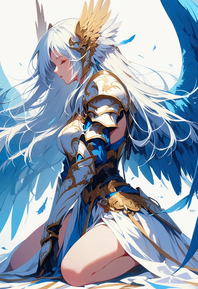 1girl angel angel_wings armor feathers_Long wing feathers_Hair Shoulder Armor Shoulder_Armor single piece_Upper wing separation_The body is white_Theme blue_Wings Wings