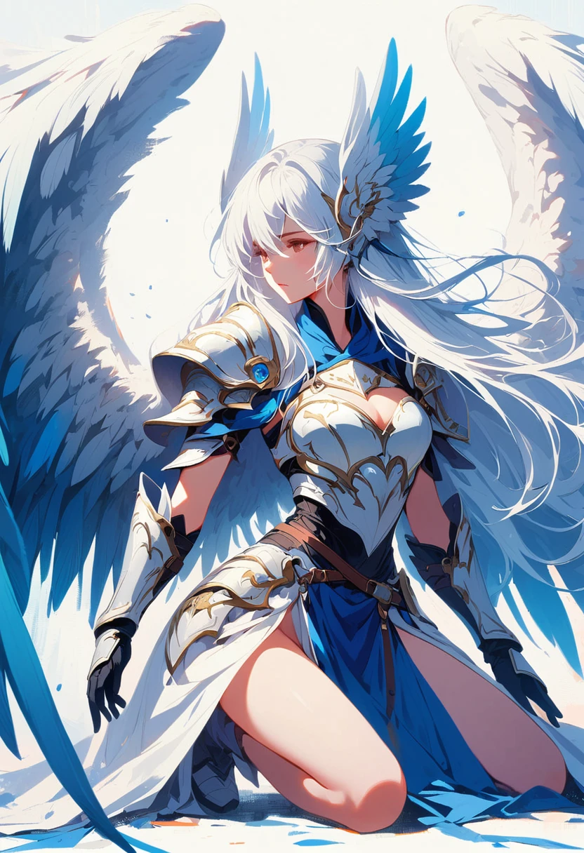 1girl angel angel_wings armor feathers_Long wing feathers_Hair Shoulder Armor Shoulder_Armor single piece_Upper wing separation_The body is white_Theme blue_Wings Wings
