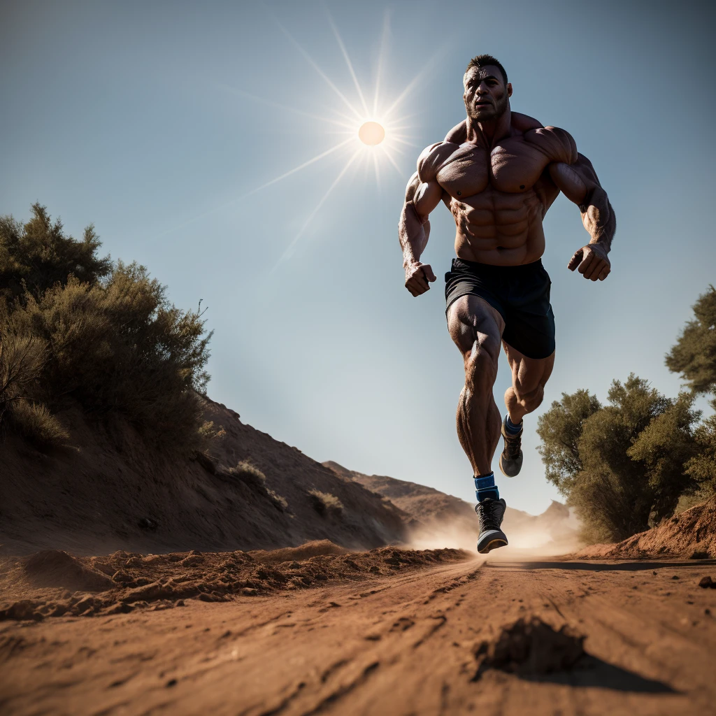 a muscular athletic man, detailed muscular body, veiny hands, strong jawline, intense gaze, beads of sweat, dynamic action pose, running on a dirt track, golden hour lighting, cinematic composition, photorealistic, hyper detailed, 8k, (best quality,4k,8k,highres,masterpiece:1.2),ultra-detailed,(realistic,photorealistic,photo-realistic:1.37),dramatic lighting,cinematic atmosphere