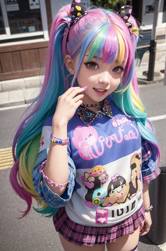 photorealistic,(4k,masterpiece, best quality,ultra highres),
little-girl,cute,teen,kawaii,(random color hair,multicolored hair:1.2),(harajuku-style decora punk fashion:1.5),(girl with layered colorful clothing:1.3),(multiple hair clips),knee-high socks with different patterns),carrigyng a pulshie,standing at harajuku street,dynamic angle,(cowboy shot:1.0),happily,smile,pose,BREAK.beautiful detailed face,shiny skin, eyes with large brown irises, small mouth, fresh lips, tall , nose blush, medium breasts,licking a candy bar,