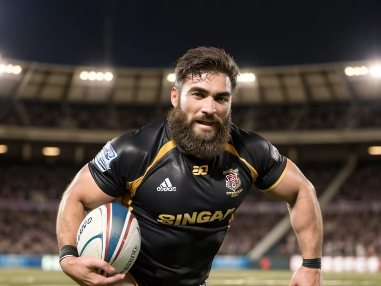 1male, solo, (yossan), Ultra-high resolution,beard, Sports Goggles, (Rugby Player), (Rugby ball), uniform, headgear, Gloves, Ground, Stadium, game, Tackle, try, dash, Sweat, mud, Energetic, Powerful, illumination, audience, Applause, exciting, intense,
game中にdashしている選手。Tackleを受ける瞬間やtryを決める瞬間をキャプチャ。背景にはaudience席やStadiumのライトが映える。
,Motion blur effect、スポッtryトを強調して選手に焦点を当てる。