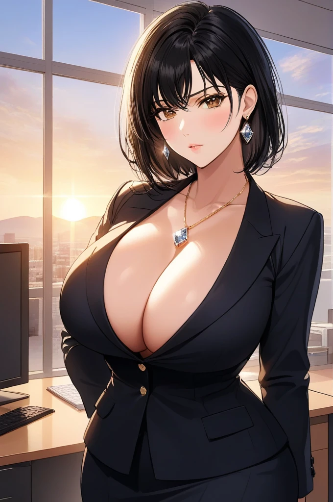 masterpiece, best quality, sunset, cowboy shot, mature woman, bob hairstyle, black hair, mature face, hot face, sharp eyes, breasts, curvy body, hazel eyes, business clothes, looking at viewer, very close to viewer, face to face, tough appearance, in the office
 ((looking serious), oversized earrings,big diamond drop dangle earrings , cleavage,full body view , delicate necklace 