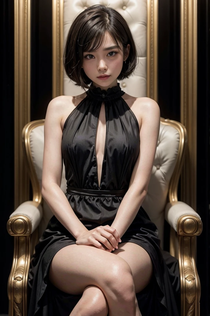 young, elegant girl in a black dress and short hair sitting on a throne