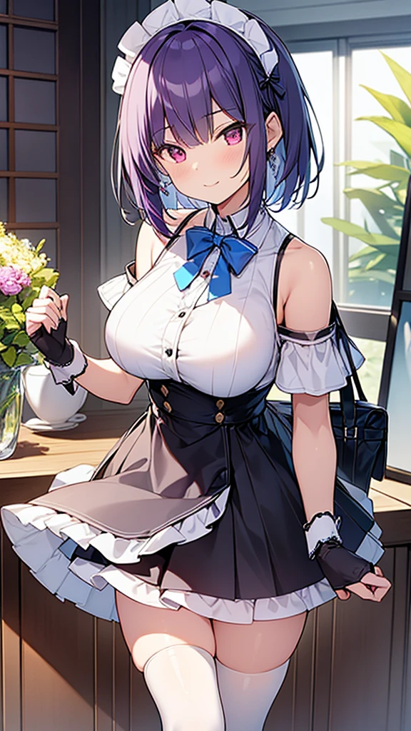 最high quality, high quality, Super detailed, 32k, Ultra-detailed details, Sister and maid, (Standing, pretty girl, beautiful purple hair, short hair, Beautiful RED eyes, mature, Big Breasts, A light smile, Off-the-shoulder sleeveless Summer メイド服, Summer casual maid clothes, Short skirt, Blue and white color striped underwear, Black knee socks, loafers, She&#39;s holding up her skirt with both hands to show her underwear, 18-year-old,cute), A maid who moves her body vigorously without caring if her breasts bounce, Super detailed, indoor, Full body image, ((Head to Toe:1.3)), NSFW