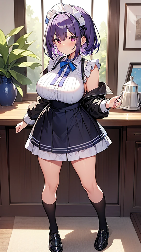 最high quality, high quality, Super detailed, 32k, Ultra-detailed details, Sister and maid, (Standing, pretty girl, beautiful purple hair, short hair, Beautiful RED eyes, mature, Big Breasts, A light smile, Off-the-shoulder sleeveless Summer メイド服, Summer casual maid clothes, Short skirt, Blue and white color striped underwear, Black knee socks, loafers, She&#39;s holding up her skirt with both hands to show her underwear, 18-year-old,cute), A maid who moves her body vigorously without caring if her breasts bounce, Super detailed, indoor, Full body image, ((Head to Toe:1.3)), NSFW