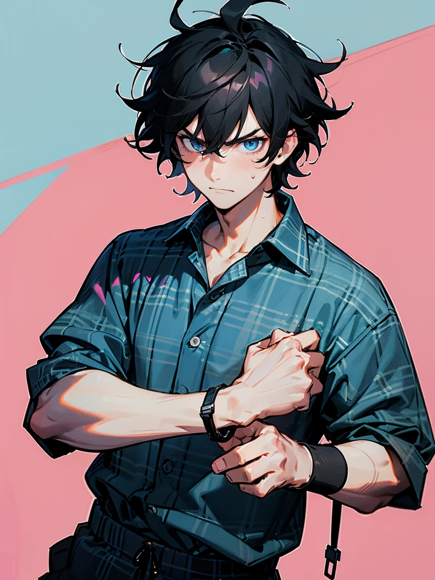 1 men, Bblack hair, Messy hair, Cropped hair, sky blue eyes, plaid hawaiian shirt, wristbands, serious expression in black sweatpants, pink tern