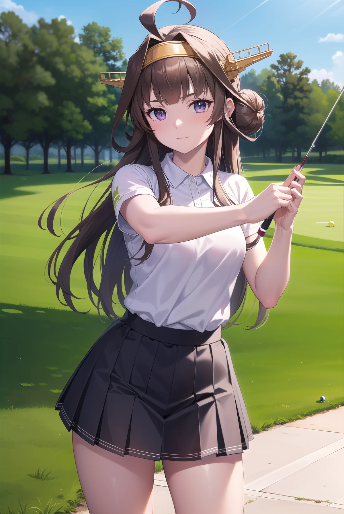 KanColle Kongou, black, Ahoge, Brown Hair, Double Bang, Hair Bun, Hair Bunド, headgear, Long Hair, (Purple eyes:1.1), 
(Golf Wear), (Pleated skirt), Golf swing breaking looking at viewer, 
Destroy outdoors,Golf break (masterpiece:1.2), Highest quality, High resolution, unity 8k wallpaper, (figure:0.8), (Beautiful attention to detail:1.6), Highly detailed face, Perfect lighting, Highly detailed CG, (Perfect hands, Perfect Anatomy),