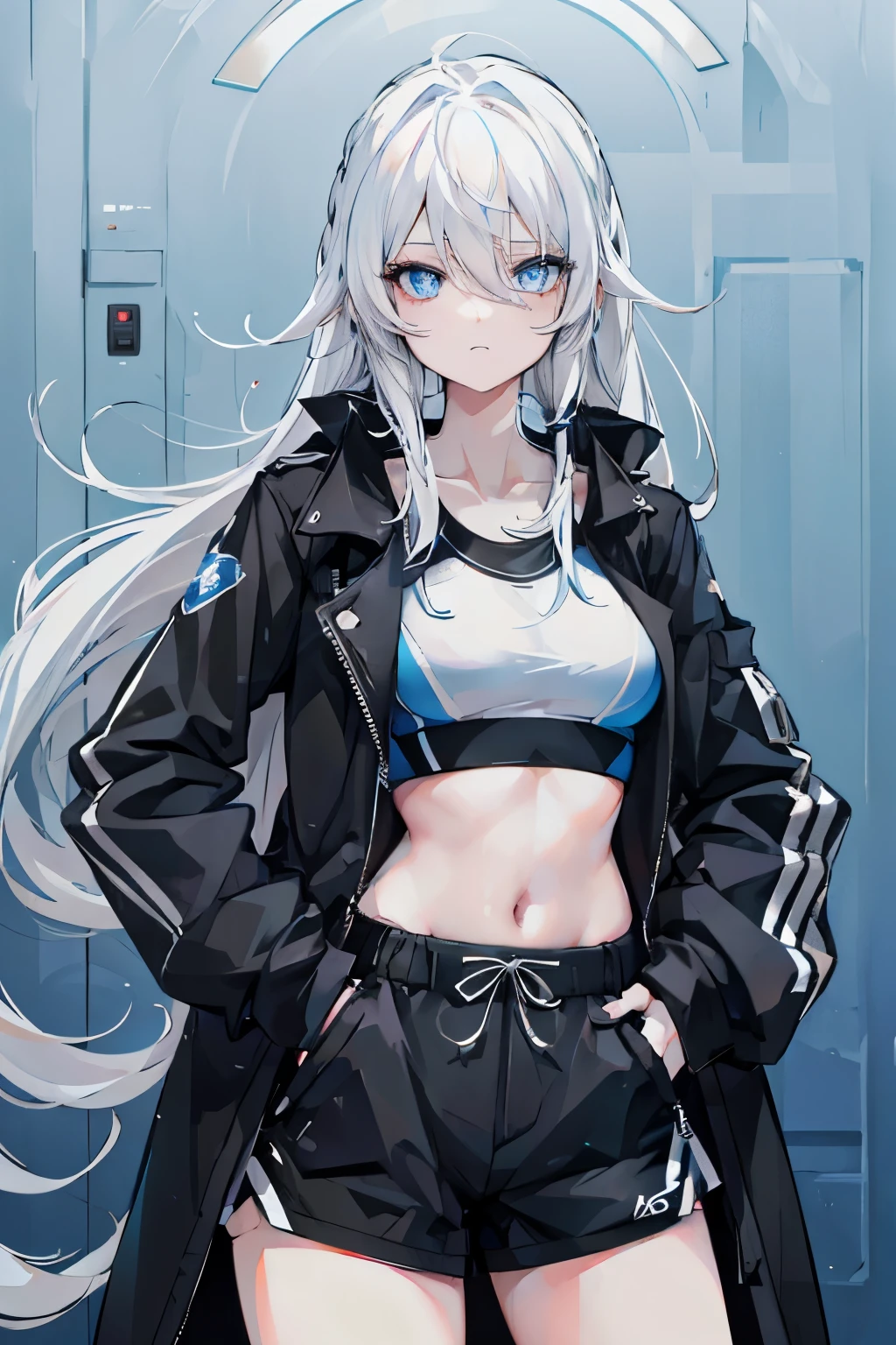 girl,White Hair,Medium-length hair,Hair and shoulder length,Gradient blue eyes,Black sports bra,Wearing a black coat,Black sports shorts,Hip storage pocket,Intercom,pistol,Black leg ring