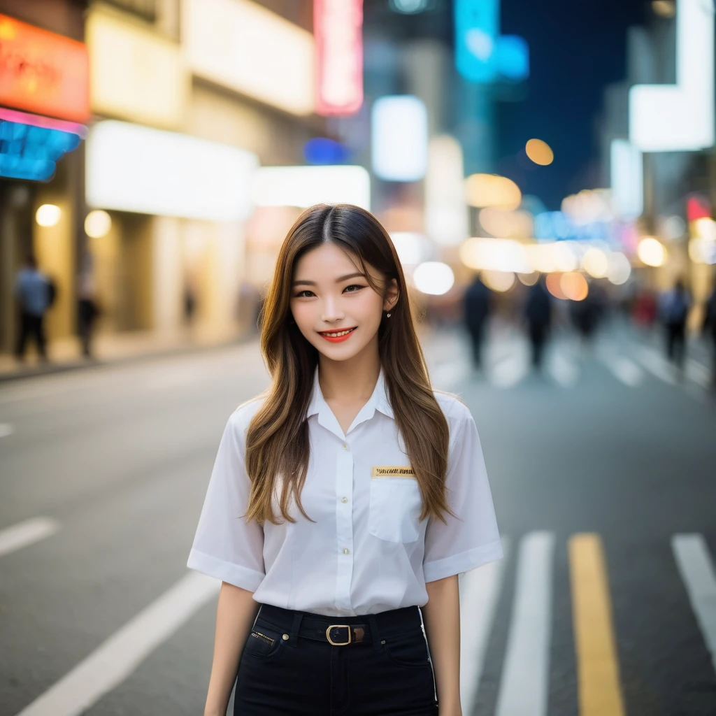 (upper body, from front bottom), Hasselblad X2D 100C + XCD 2,5/55V f/2, Kodak Professional Gold 200 film, sharp focus, ((a beautiful young idols face of Japanese model)), ((Newjeans Minji face: 1.0)), winged eye-liner, friendly smile, dynamic action posing, glowing bright realistic textures skin, long straight hair, wind storm tousling, film-grain, tilt shift, bokeh, shallowed depth of field, cinematic, Yaowarat road night background, vibrant heavenly lights sky, 