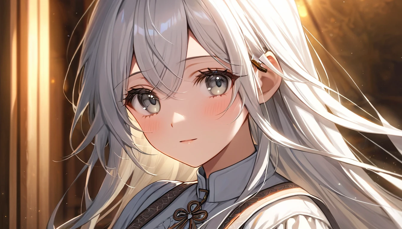 a peasant woman in a white dress, long hair, White hair, beautiful gray eyes, a small metal clip in the hair, Delicate facial features,detailed clothing, serene expression, warm lighting, (best qualityer,high resolution,work of art:1.2)high detailed portrait