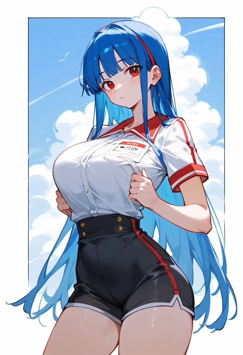 My name is Yukiko.I am a white test woman with long Sky blue hair,red eye color.I am 1.62 cm tall . My breasts measure 300 cm, my waist 40 cm and my hips 200 cm. Dressed in a tight low-cut pink blouse along with short black shorts  . With big breasts 300 cm