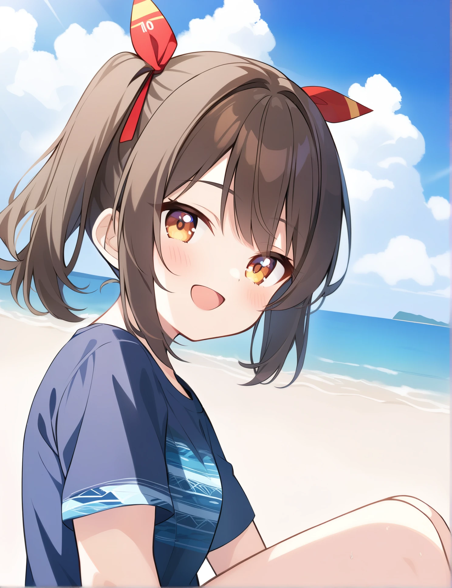 Pattaya girl,pattaya beach,very happy and has a deep feeling,T-shirt with sea pattern,girl,10 years old girl,amber eyes,black short twintails hair