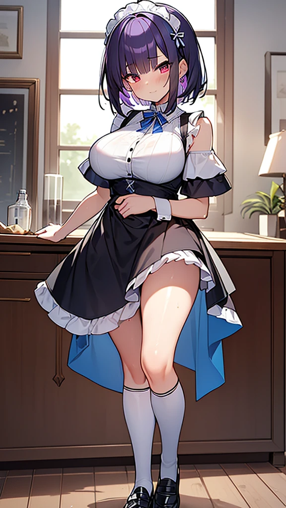 最high quality, high quality, Super detailed, 32k, Ultra-detailed details, Sister and maid, (only, Standing, pretty girl, beautiful purple hair, short hair, Beautiful RED eyes, mature, Big Breasts, A light smile, Off-the-shoulder sleeveless Summer メイド服, Summer casual maid clothes, Short skirt, Blue and white color striped underwear, Black knee socks, loafers, My crotch is wet with love juice, 18-year-old,cute), {{The succubus infiltrates the mansion, peels the skin off her sister's face, replaces it with her own, and puts on a maid outfit with her sister's face, lifting her skirt to show her underwear., Mature body and sister's face}, She has transformed from a shy maid into a lewd one., A maid with her sister's face stuck on her face is vigorously pistoning her body, A maid who moves her body vigorously without caring if her breasts bounce, Super detailed, indoor, Full body image, ((Head to Toe:1.3)), NSFW
