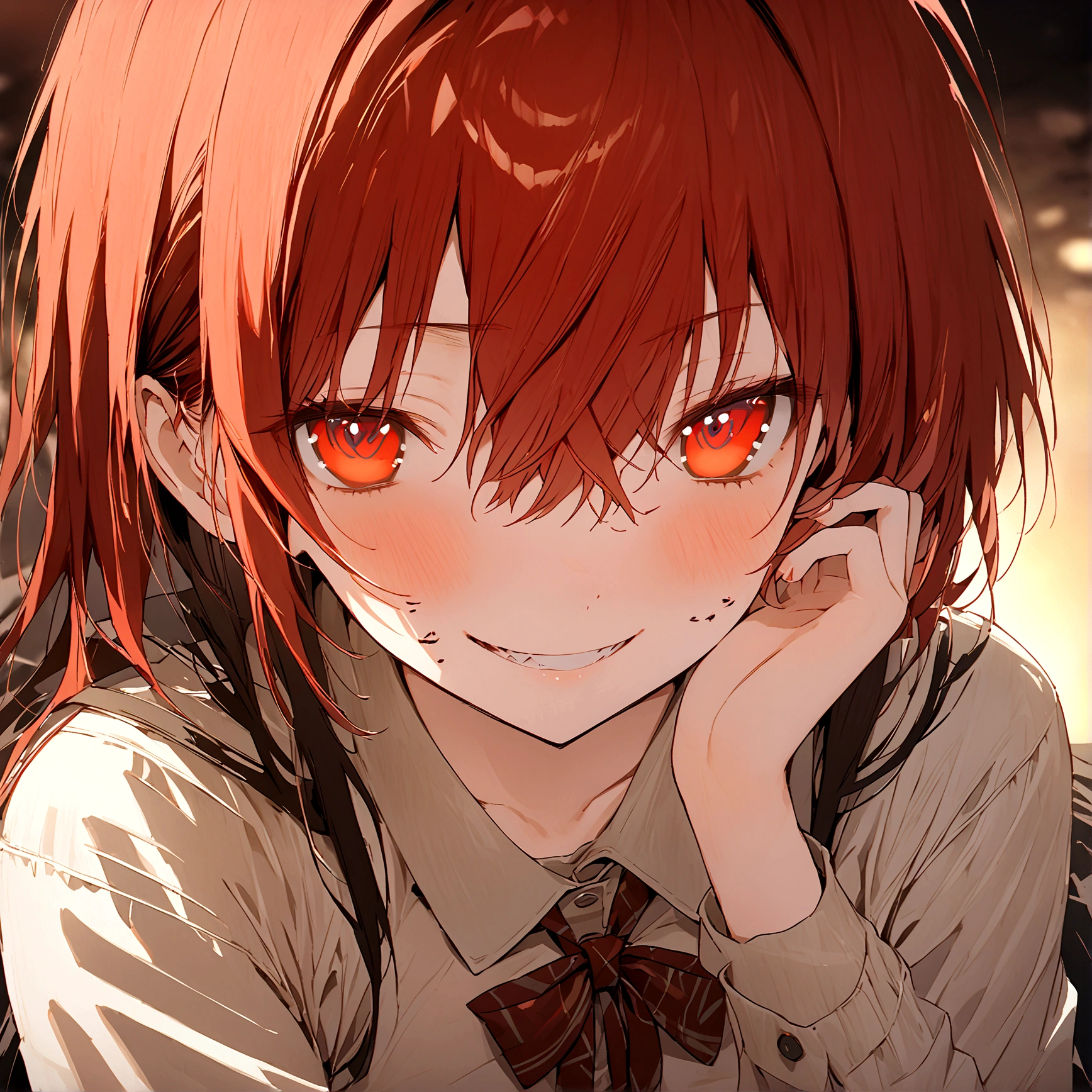 (Masterpiece:1.2, Best Quality), 1 woman, looking towards the viewer, White shirt red tie, medium breasts, Casual, long red hair, minimal makeup, , pale,Natural fabrics, closeup face, ((evil smile)), bright eyes circular pupils,8K high resolution, detailed lines,blurred background,