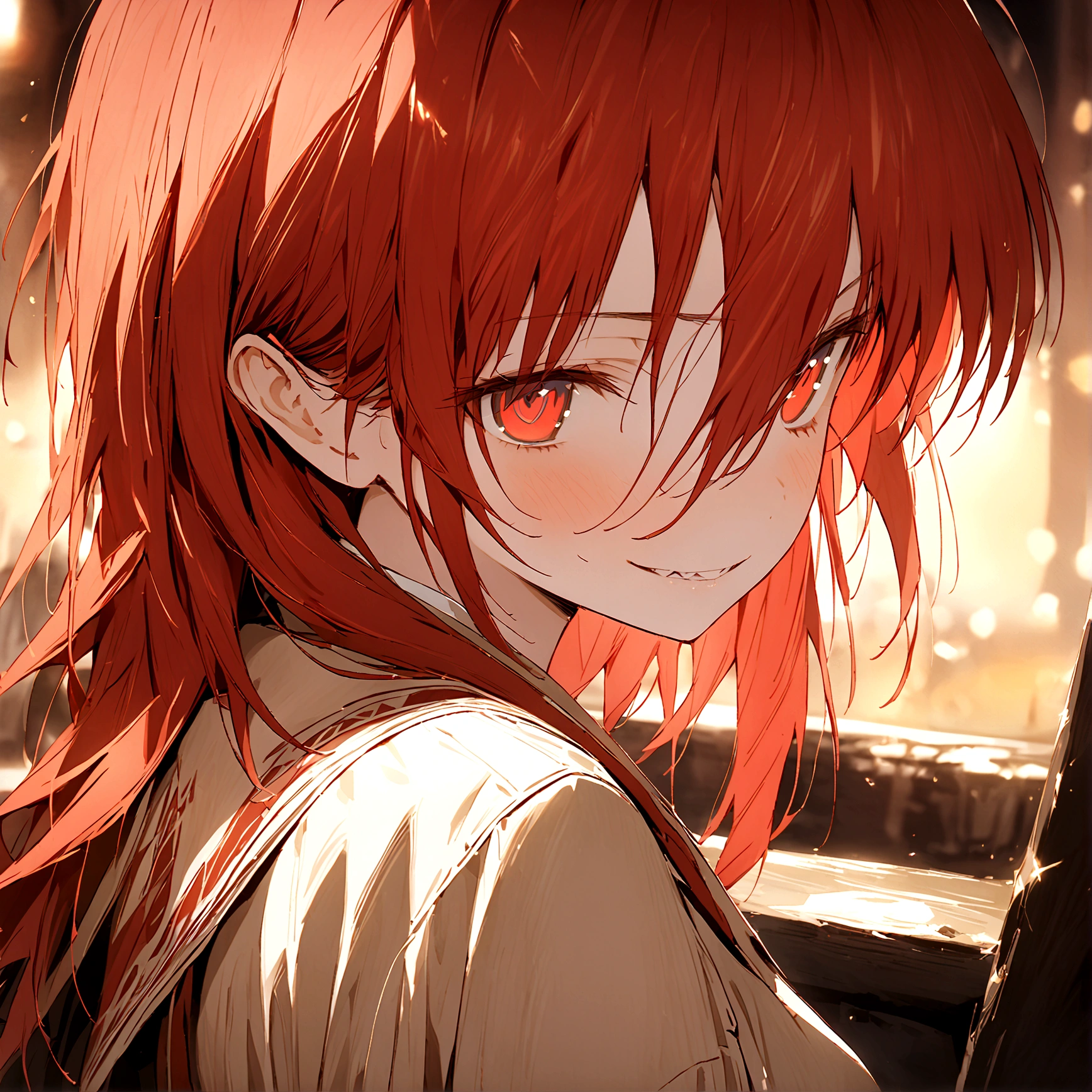 (Masterpiece:1.2, Best Quality), 1 woman, looking towards the viewer, White shirt red tie, medium breasts, Casual, long red hair, minimal makeup, , pale,Natural fabrics, closeup face, ((evil smile)), bright eyes circular pupils,8K high resolution, detailed lines,blurred background,