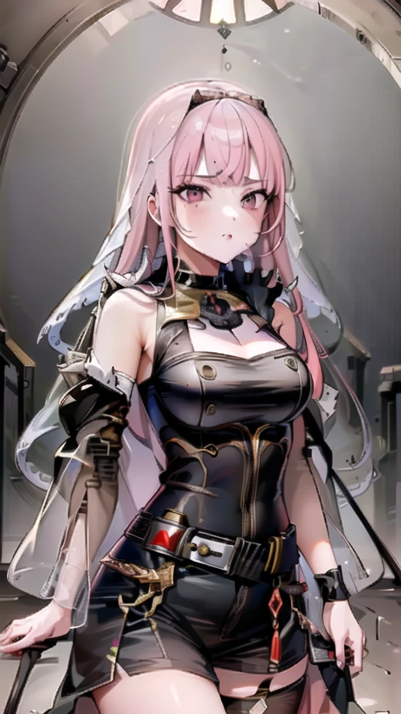 (Masterpiece, Superior quality, Best Quality, Official Art, beautiful and aesthetic:1.2), (1 girl), detailed extreme, Mori Calliope, pink hair, jacket with hood, Ceiling, ak47, trigger discipline, look at the viewer, Shorts