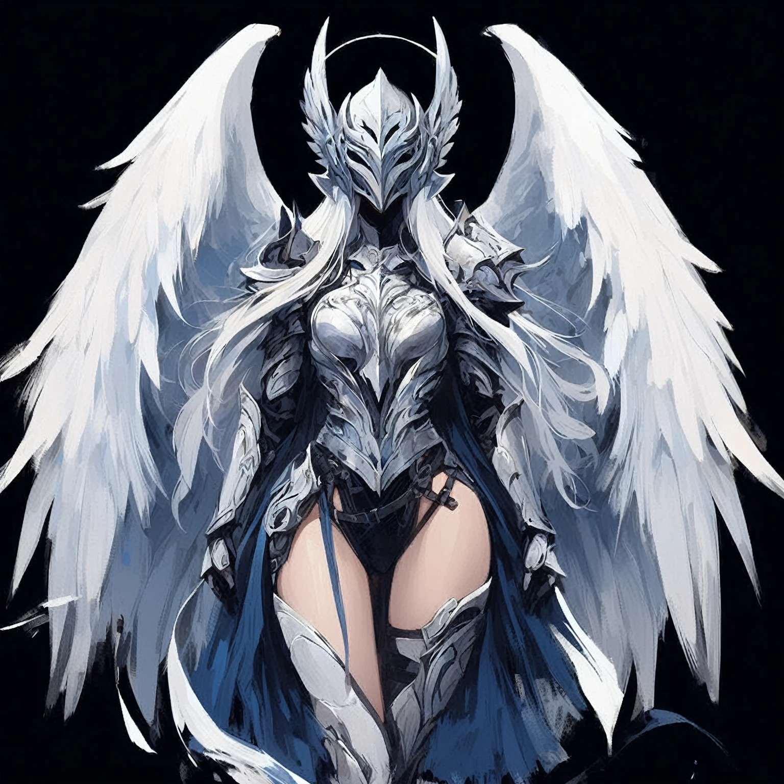 1girl angel with winged helmet covering her eyes angel_wings armor feathers_Long wing feathers_Hair Shoulder Armor Shoulder_Armor single piece_Upper wing separation_The body is white_Theme blue_Wings Wings