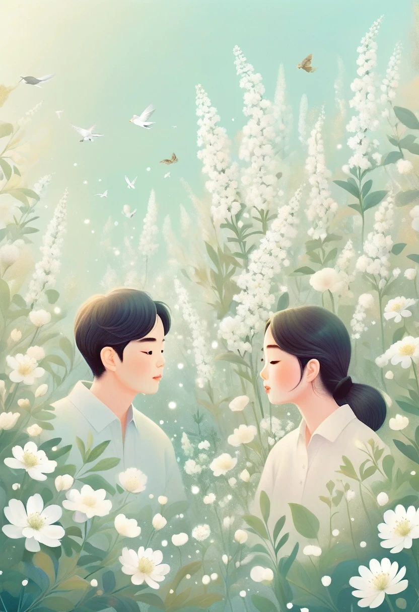 An illustration with soft tones and a dreamy feel。The characters in the picture are covered with a large number of small white flowers,Gives a hazy and mysterious visual effect。Soft space,Modern illustration elements。Tranquility、Pure atmosphere,Reminiscent of spring and new life。
