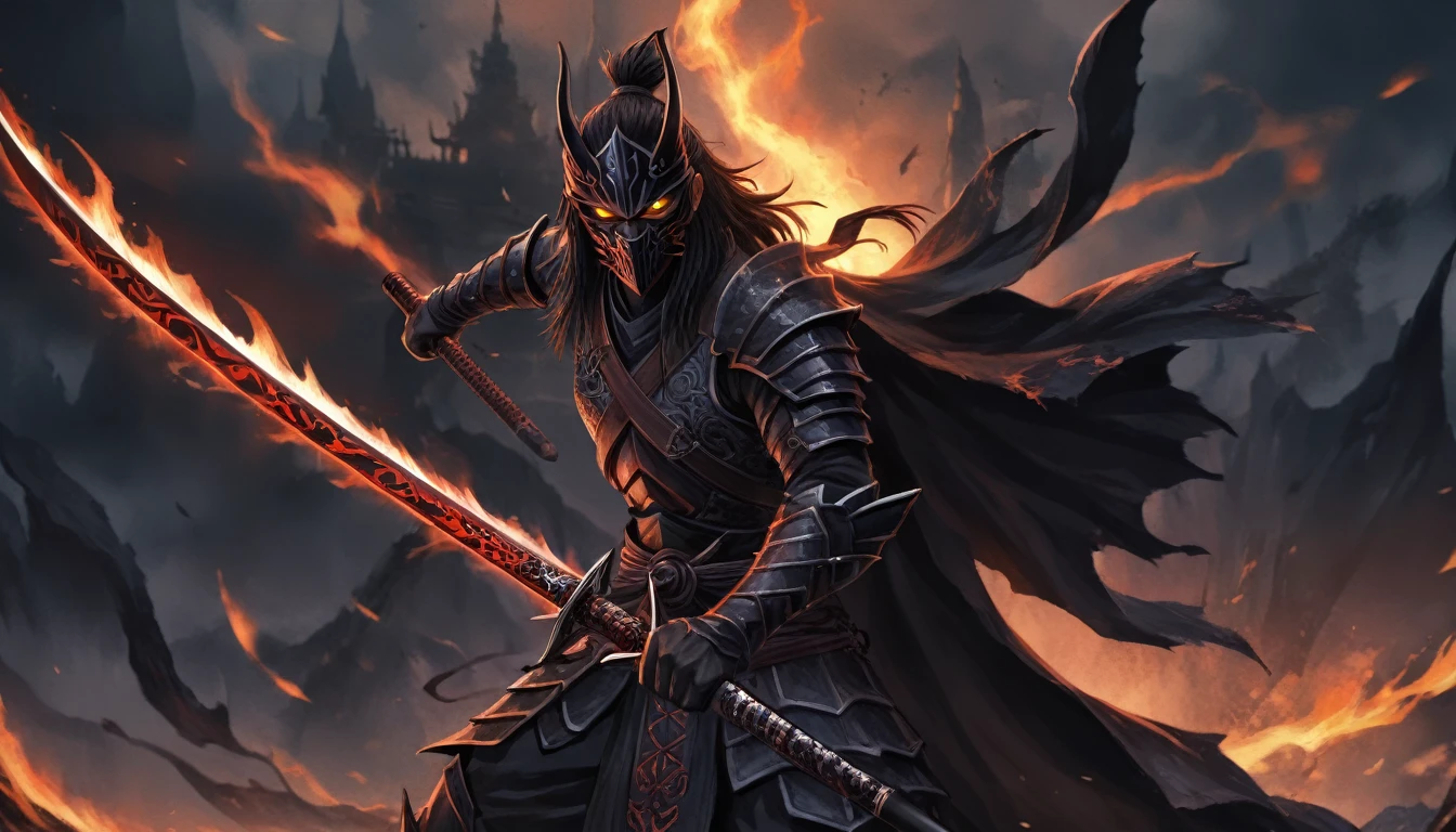 ninja mask, cape,close up, black heavy detailed clothes, katana, art, dark and malevolent, hand sword, armor, powerful and intimidating, (masterpiece, best quality, ultra-detailed, best shadow), (detailed background, dark fantasy) dramatic light, intricate details, dark and malevolent, powerful and intimidating, Dark and foreboding, malevolent force, sinister and chilling, armor, high detailed background, girl in demon slayer art, demon slayer art style, epic anime art, God death