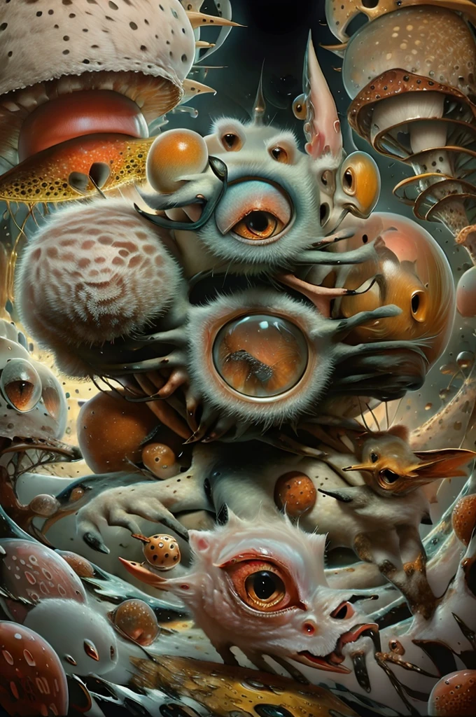 fantastic mushrooms, red and white spots, Amanita muscaria , with animal characteristics, showing his teeth and strength in his big eyes. Everything like a big unreal dream.