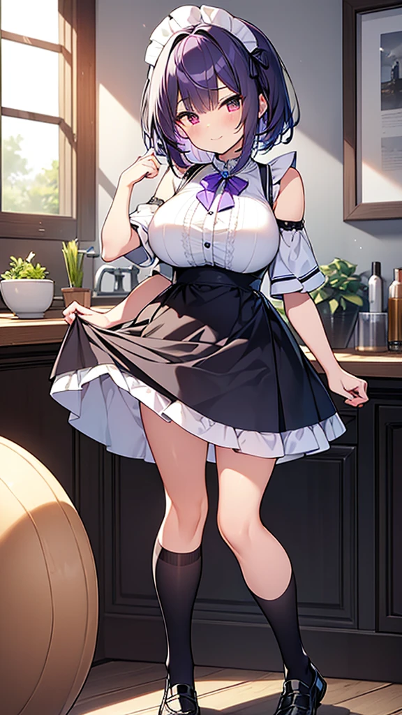 最high quality, high quality, Super detailed, 32k, Ultra-detailed details, Sister and maid, (Standing, pretty girl, beautiful purple hair, short hair, Beautiful RED eyes, mature, Big Breasts, A light smile, Off-the-shoulder sleeveless Summer メイド服, Summer casual maid clothes, Short skirt, Blue and white color striped underwear, Black knee socks, loafers, She&#39;s holding up her skirt with both hands to show her underwear, 18-year-old,cute), A maid who moves her body vigorously without caring if her breasts bounce, Super detailed, indoor, Full body image, ((Head to Toe:1.3)), NSFW