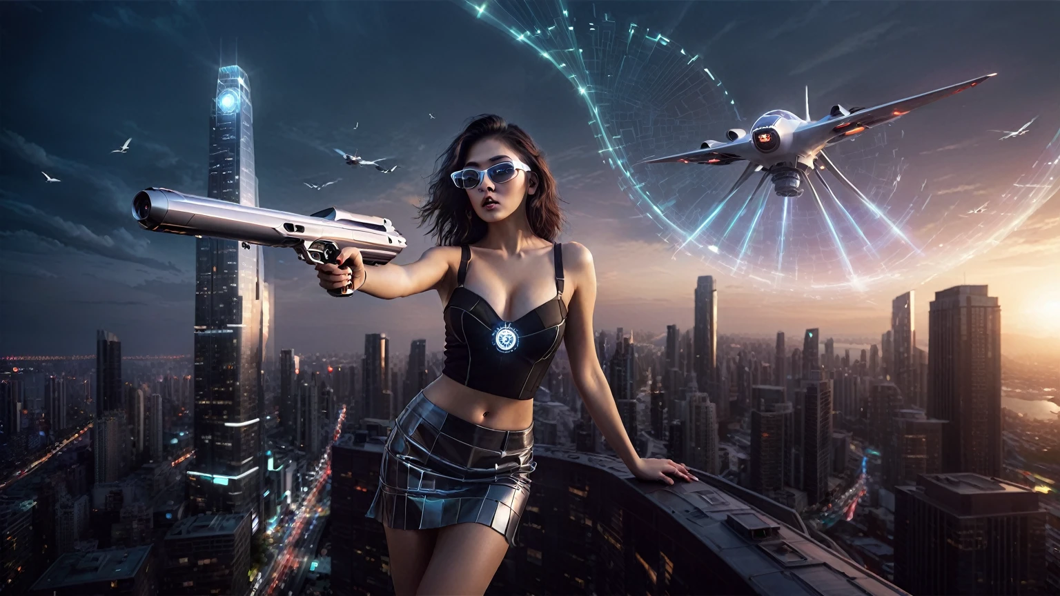 At night, dark sky, (((aerial view of futuristic sci-fi cyberpunk city, skyscrapers, (((((flying vehicle))))), (vortex-spirit-spreading giant ghost hologram (((clock tower))) as time machine), high quality))). Matrix style, (1girl, solo), photo realistic, (((large-breast:1.2 slim body, cleavage:1.3, tube top, very short pleated (((miniskirt))) exposing panty))), (((((matrix style black ((((((sunglasses)))))), aiming at camera with a (mini pistol):0.3))))), (((dynamic pose, half-body (thigh level) medium shot))), cinematic lighting, blur:0.7 background.
