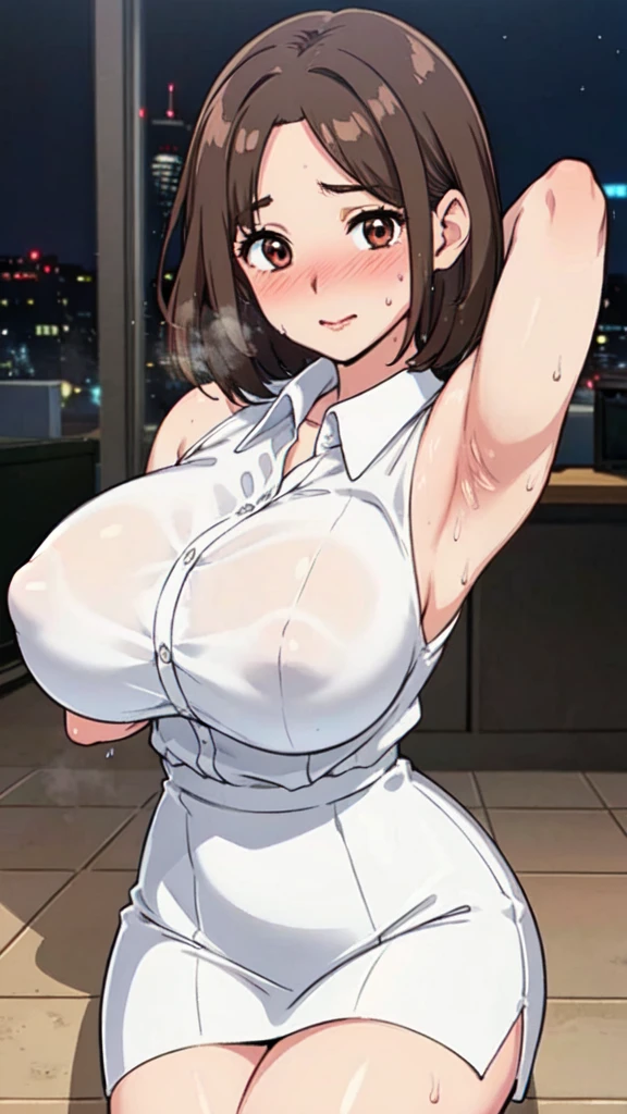 ((Tabletop, Highest quality, High resolution, Pixel Perfect, 4K, Browsing Caution)))、Office Lady、1 Girl, Beautiful woman、((Short Hair、Forehead、Split bangs、Brown Hair)), ((Brown eyes、Beautiful eyelashes, Realistic eyes)), ((Detailed face, blush:1.2)), ((Smooth texture:0.75, Realistic texture:0.65, Realistic:1.1, Anime CG Style))、((Huge breasts、Thick thighs)), Perfect body、Office room at night、Lying on the floor、((((:or、blush))))、((Sweat、Steam from armpits))、(Place your hands behind your head、Underarm)、((White Sleeveless Dress Shirt、Black Pencil Skirt))