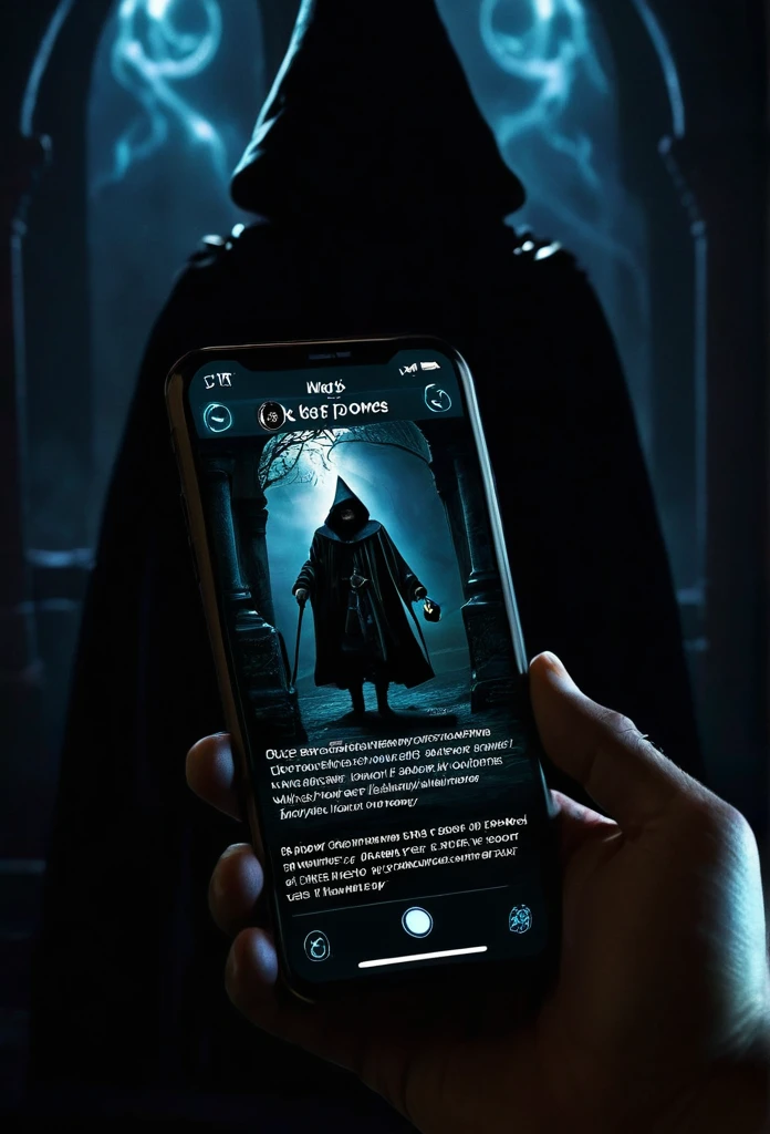 a dark magic texting on a cell phone with a picture of a person standing in the background, dark magic, dark, casting dark magic, with black magic powers, black magic spells, magic, dark wizard, with black. magic powers, epic magic effects, dark epic fantasy, dark cinematic atmosphere, spells magic, dark fantasy esoteric, dark sci-fantasy
