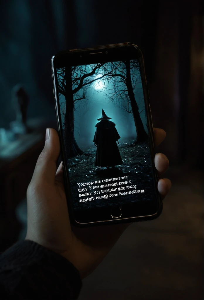 a dark magic texting on a cell phone with a picture of a person standing in the background, dark magic, dark, casting dark magic, with black magic powers, black magic spells, magic, dark wizard, with black. magic powers, epic magic effects, dark epic fantasy, dark cinematic atmosphere, spells magic, dark fantasy esoteric, dark sci-fantasy