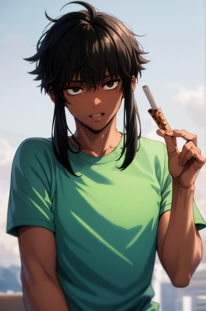 1boy, solo, blunt in hand, hawaiin shirt, brown skin color, messy look, (black hair), ((locs)), brown eyes, masterpiece, best quality, high quality, upper body, male focus,