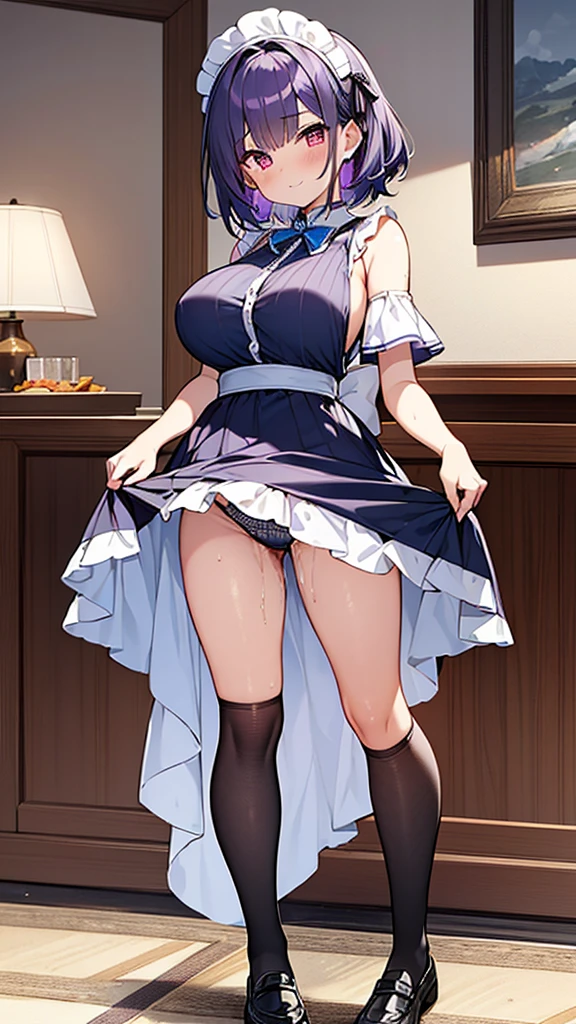 最high quality, high quality, Super detailed, 32k, Ultra-detailed details, Sister and maid, (only, Standing, pretty girl, beautiful purple hair, short hair, Beautiful RED eyes, mature, Big Breasts, A light smile, Off-the-shoulder sleeveless Summer メイド服, Summer casual maid clothes, Short skirt, Blue and white color striped underwear, Black knee socks, loafers, My crotch is wet with love juice, 18-year-old,cute), {{The succubus infiltrates the mansion, peels the skin off her sister's face, replaces it with her own, and puts on a maid outfit with her sister's face, lifting her skirt to show her underwear., Mature body and sister's face}, She has transformed from a shy maid into a lewd one., A maid with her sister's face stuck on her face is vigorously pistoning her body, A maid who moves her body vigorously without caring if her breasts bounce, Super detailed, indoor, Full body image, ((Head to Toe:1.3)), NSFW