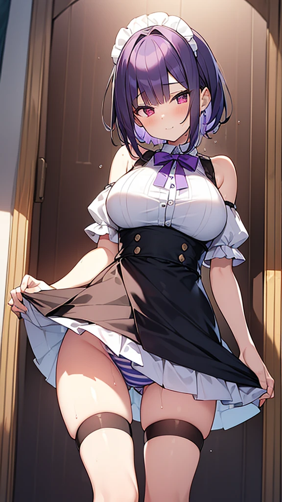 最high quality, high quality, Super detailed, 32k, Ultra-detailed details, Sister and maid, (only, Standing, pretty girl, beautiful purple hair, short hair, Beautiful RED eyes, mature, Big Breasts, A light smile, Off-the-shoulder sleeveless Summer メイド服, Summer casual maid clothes, Short skirt, Blue and white color striped underwear, Black knee socks, loafers, My crotch is wet with love juice, 18-year-old,cute), {{The succubus infiltrates the mansion, peels the skin off her sister's face, replaces it with her own, and puts on a maid outfit with her sister's face, lifting her skirt to show her underwear., Mature body and sister's face}, She has transformed from a shy maid into a lewd one., A maid with her sister's face stuck on her face is vigorously pistoning her body, A maid who moves her body vigorously without caring if her breasts bounce, Super detailed, indoor, Full body image, ((Head to Toe:1.3)), NSFW