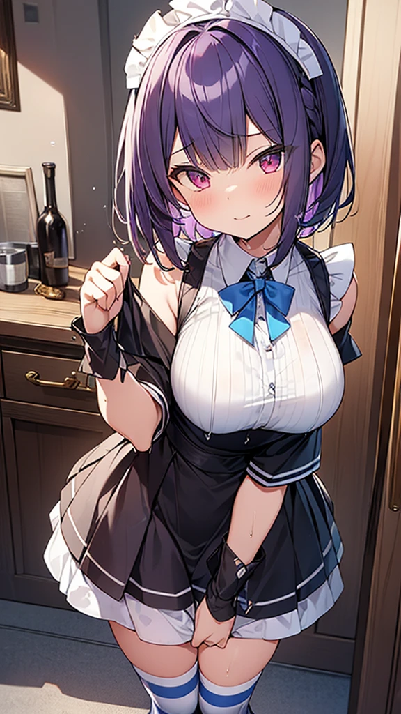 最high quality, high quality, Super detailed, 32k, Ultra-detailed details, Sister and maid, (only, Standing, pretty girl, beautiful purple hair, short hair, Beautiful RED eyes, mature, Big Breasts, A light smile, Off-the-shoulder sleeveless Summer メイド服, Summer casual maid clothes, Short skirt, Blue and white color striped underwear, Black knee socks, loafers, My crotch is wet with love juice, 18-year-old,cute), {{The succubus infiltrates the mansion, peels the skin off her sister&#39;s face, replaces it with her own, and puts on a maid outfit with her sister&#39;s face, lifting her skirt to show her underwear., Mature body and sister&#39;s face}, She has transformed from a shy maid into a lewd one., A maid with her sister&#39;s face stuck on her face is vigorously pistoning her body, A maid who moves her body vigorously without caring if her breasts bounce, Super detailed, indoor, Full body image, ((Head to Toe:1.3)), NSFW