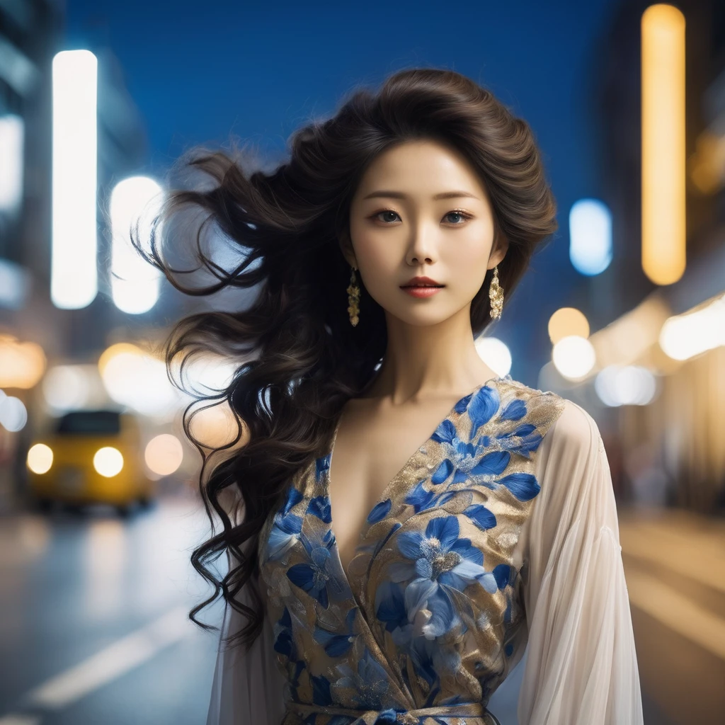(upper body, from front bottom), Hasselblad X2D 100C + XCD 2,5/55V f/2, Kodak Professional Gold 200 film, sharp focus, ((a beautiful young idols face of Japanese model)), ((Newjeans Minji face: 1.0)), winged eye-liner, friendly smile, dynamic action posing, glowing bright realistic textures skin, long straight hair, wind storm tousling, film-grain, tilt shift, bokeh, shallowed depth of field, cinematic, Yaowarat road night background, vibrant heavenly lights sky, 