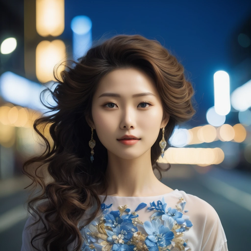 (upper body, from front bottom), Hasselblad X2D 100C + XCD 2,5/55V f/2, Kodak Professional Gold 200 film, sharp focus, ((a beautiful young idols face of Japanese model)), ((Newjeans Minji face: 1.0)), winged eye-liner, friendly smile, dynamic action posing, glowing bright realistic textures skin, long straight hair, wind storm tousling, film-grain, tilt shift, bokeh, shallowed depth of field, cinematic, Yaowarat road night background, vibrant heavenly lights sky,